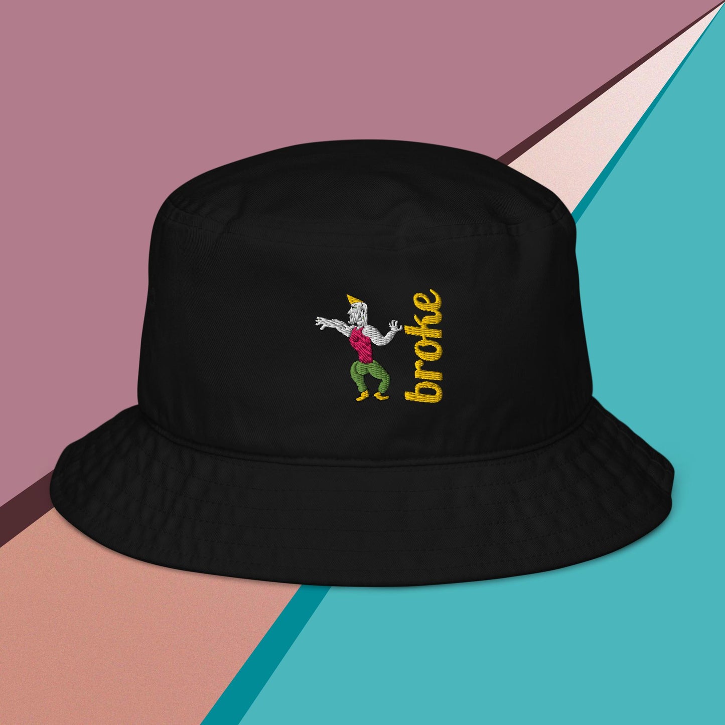 bucket hat featuring an embroidered Chad face design, symbolizing confidence and strength, with the word 'broke' stylishly stitched in bold white letters. A trendy and humorous accessory for meme lovers and streetwear enthusiasts.