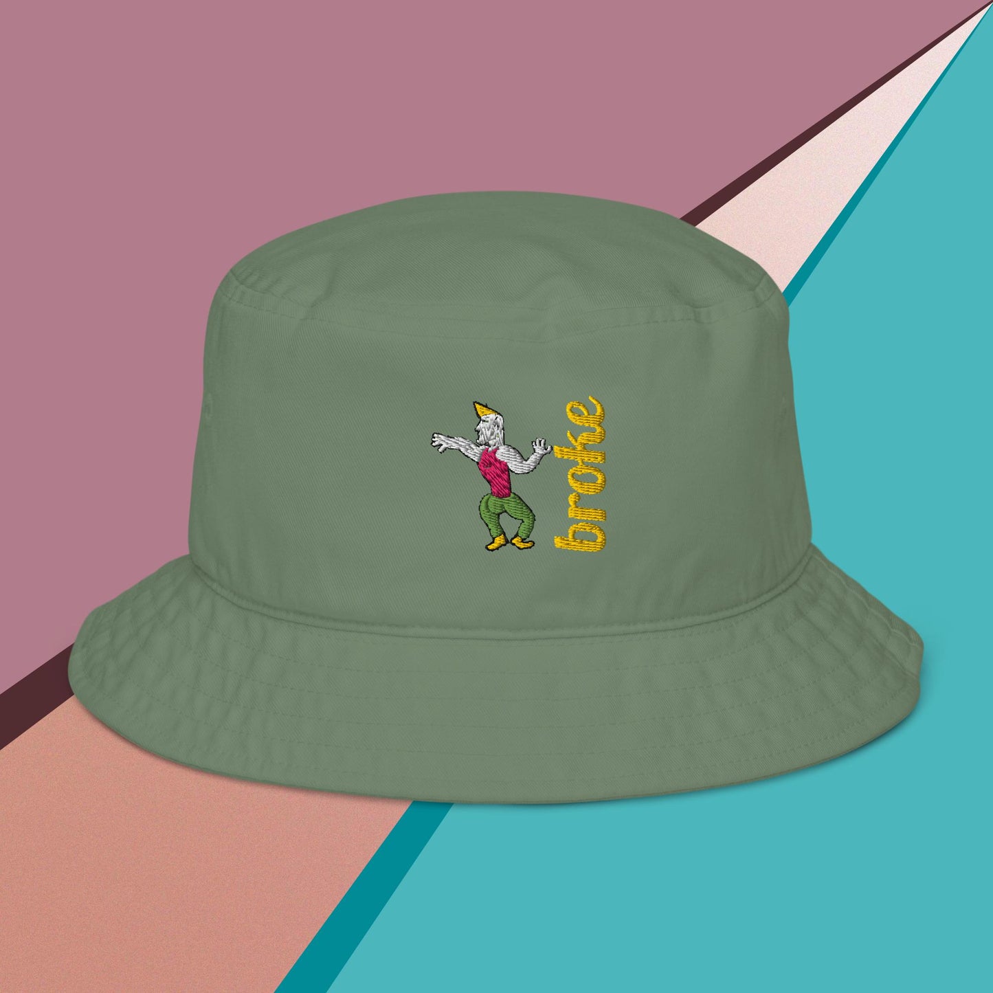 bucket hat featuring an embroidered Chad face design, symbolizing confidence and strength, with the word 'broke' stylishly stitched in bold white letters. A trendy and humorous accessory for meme lovers and streetwear enthusiasts.