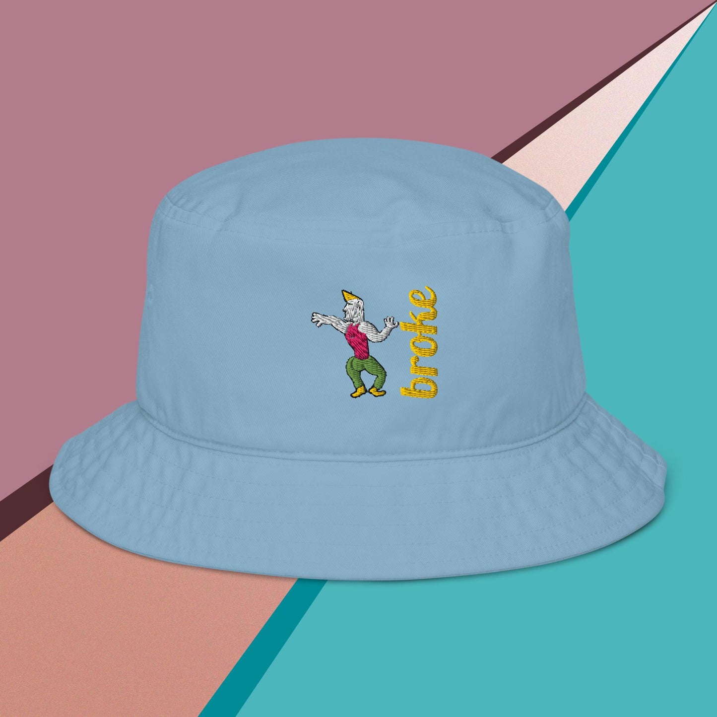 bucket hat featuring an embroidered Chad face design, symbolizing confidence and strength, with the word 'broke' stylishly stitched in bold white letters. A trendy and humorous accessory for meme lovers and streetwear enthusiasts.