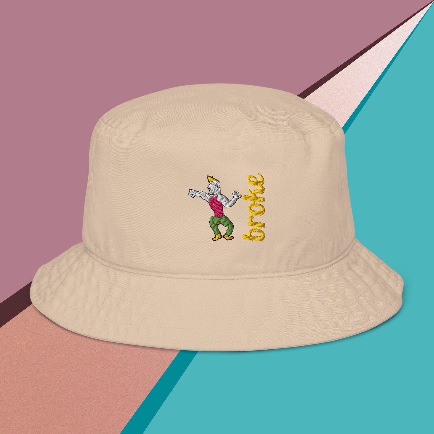 bucket hat featuring an embroidered Chad face design, symbolizing confidence and strength, with the word 'broke' stylishly stitched in bold white letters. A trendy and humorous accessory for meme lovers and streetwear enthusiasts.