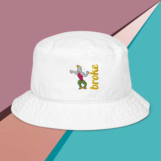 bucket hat featuring an embroidered Chad face design, symbolizing confidence and strength, with the word 'broke' stylishly stitched in bold white letters. A trendy and humorous accessory for meme lovers and streetwear enthusiasts.