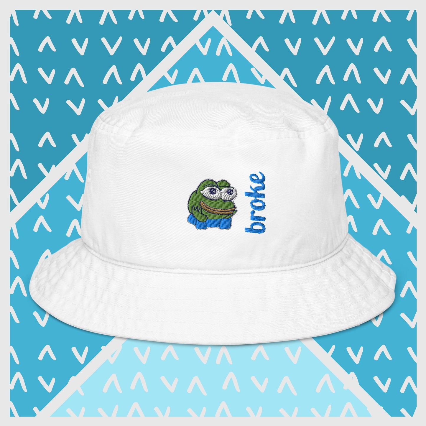 Pepe the Frog bucket hat in green with high-quality embroidery of Pepe wearing blue pants, paired with the word 'broke' in bold blue stitching. Trendy streetwear accessory for meme enthusiasts, perfect for casual outfits and internet culture fans.