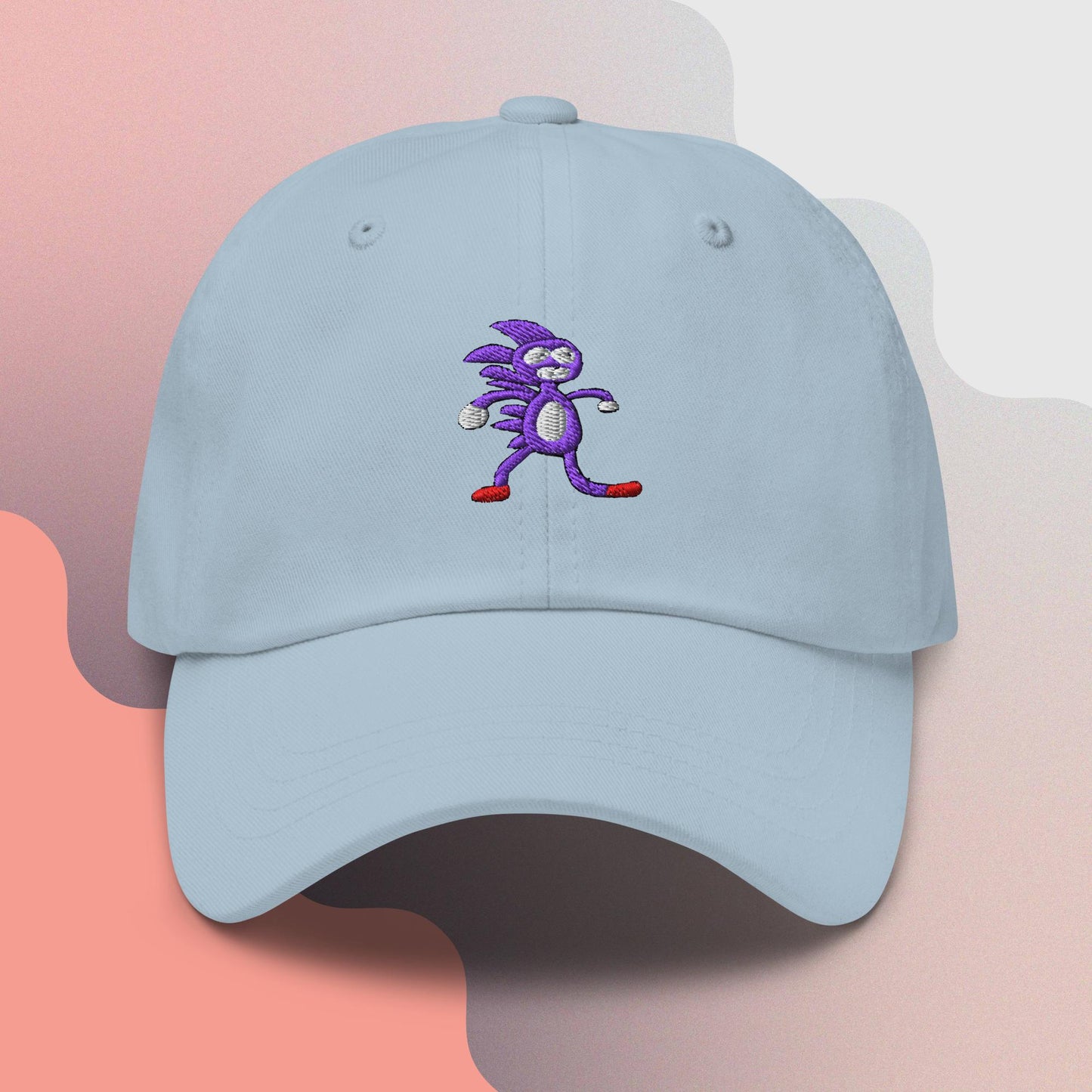 Unisex SANIC embroidered dad hat with high-quality stitching, adjustable strap, and breathable cotton fabric. Perfect for meme lovers and streetwear enthusiasts.