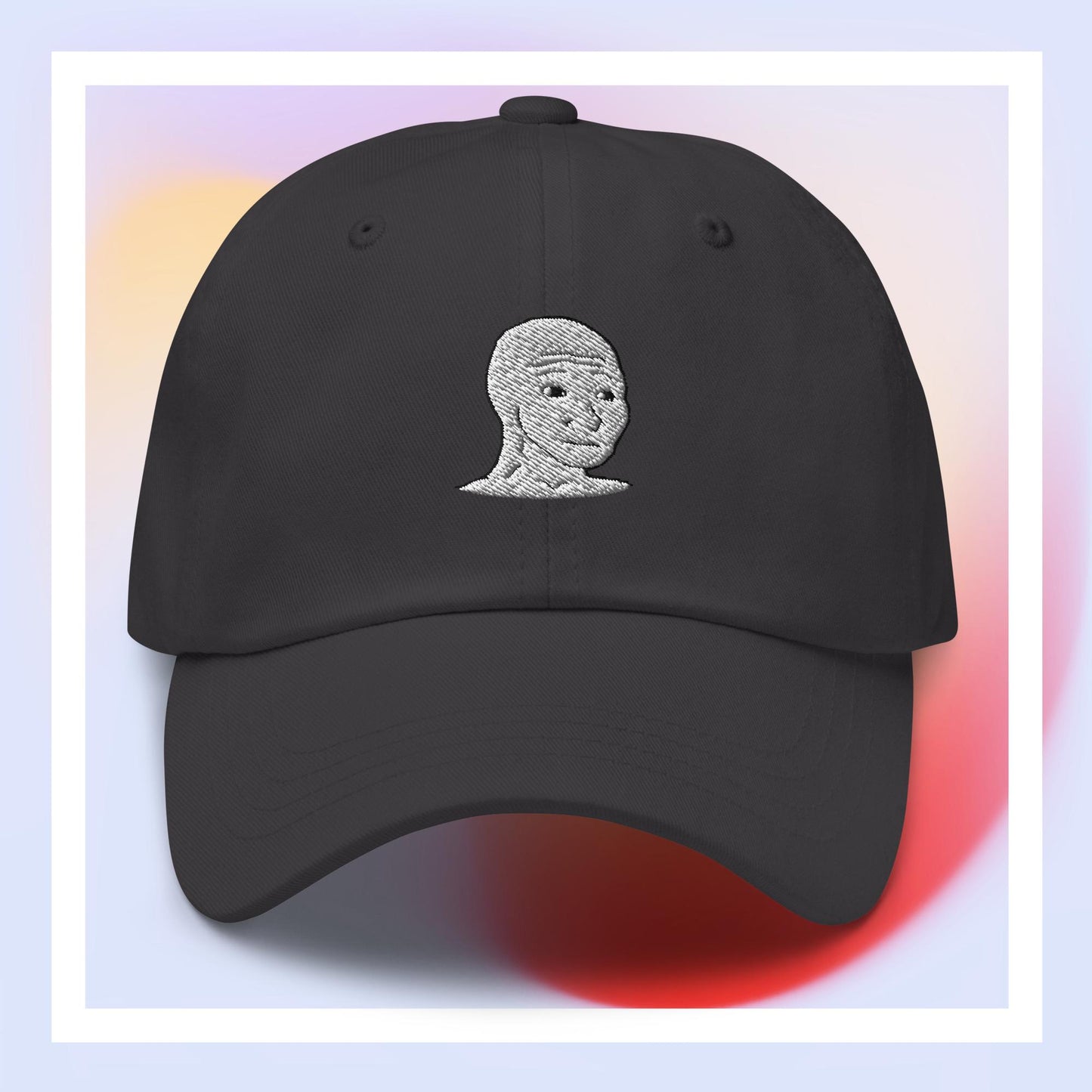 Unisex WOJAK embroidered dad hat with high-quality stitching, adjustable strap, and breathable cotton fabric. Perfect for meme lovers and streetwear enthusiasts.