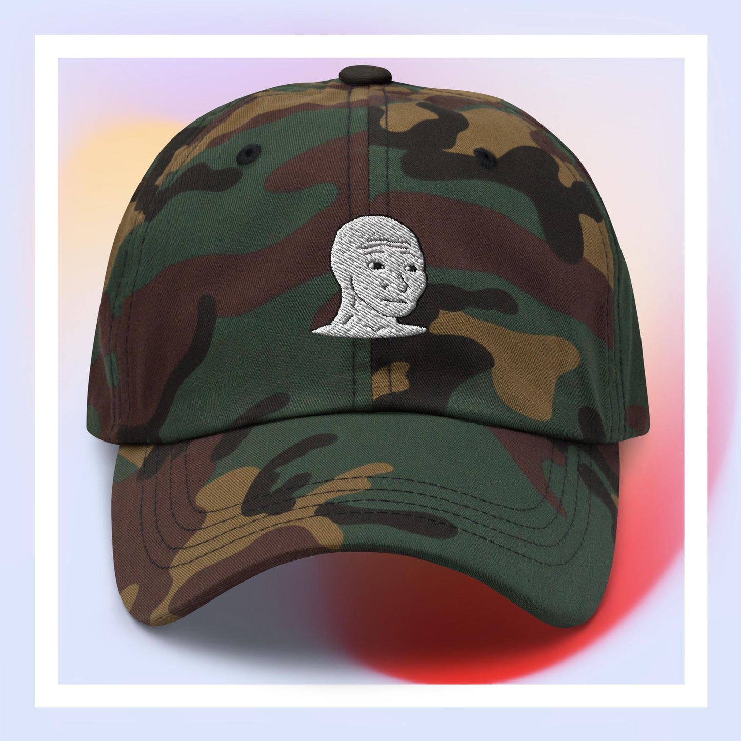 Unisex WOJAK embroidered dad hat with high-quality stitching, adjustable strap, and breathable cotton fabric. Perfect for meme lovers and streetwear enthusiasts.